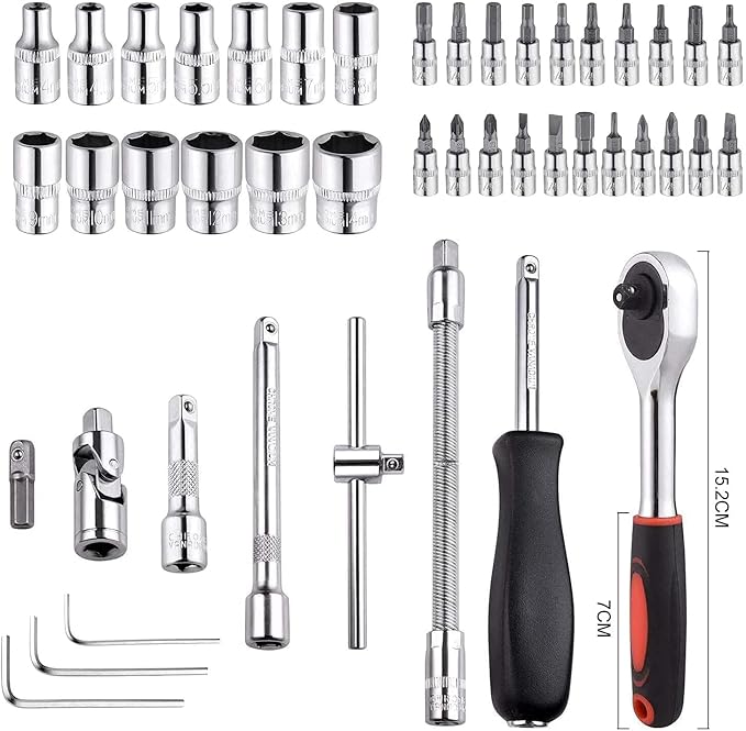 46 Pieces Tool Kit Car Heavy Duty 1/4" Combinational Ratchet Socket Wrench Spanner 46 Pieces Chrome Vanadium Hand Tool Kit Set For Repairing Work, DIY, Auto Repairs Car & Bike (SZ-663)