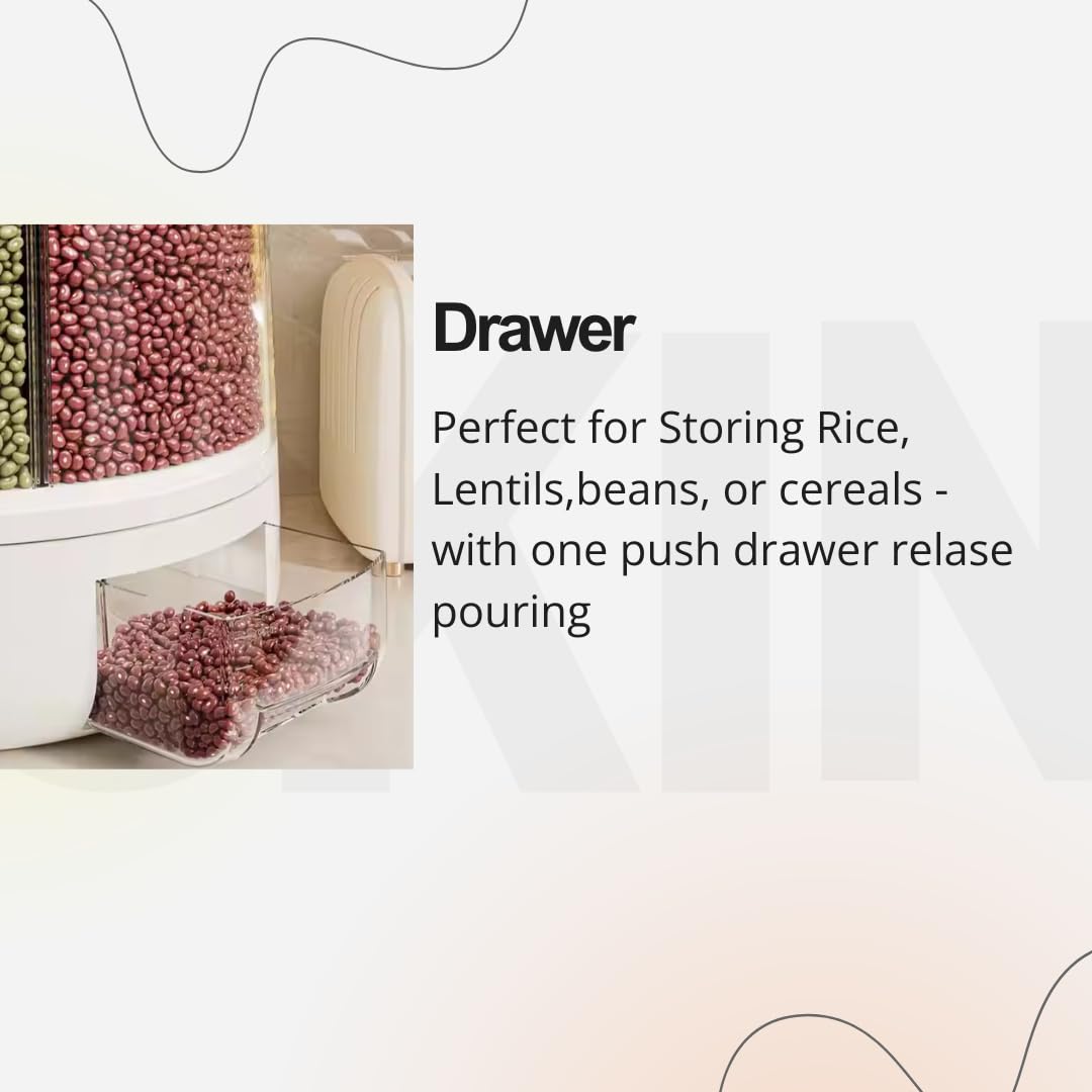 Tray Automatic Plastic 360 Degree Rotation Cereal Dry Food Rice Grain Storage Dispenser Box, with Measuring Cup, 5 kg