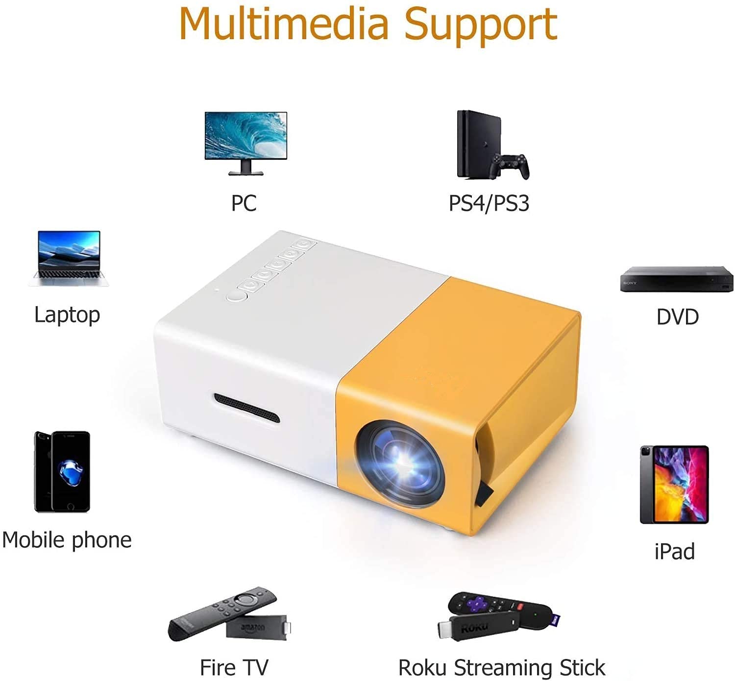 Portable Mini Home Theater LED Projector with Remote Controller, Support HDMI, AV, SD, USB Interfaces (Yellow)