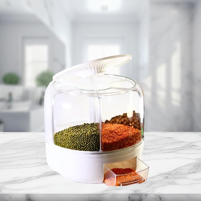 Tray Automatic Plastic 360 Degree Rotation Cereal Dry Food Rice Grain Storage Dispenser Box, with Measuring Cup, 5 kg