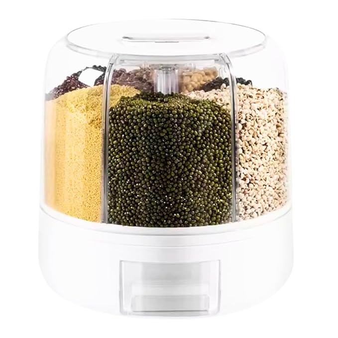 Tray Automatic Plastic 360 Degree Rotation Cereal Dry Food Rice Grain Storage Dispenser Box, with Measuring Cup, 5 kg