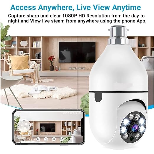 Wi-Fi Camera CCTV Camera 1080p Wireless PTZ Bulb Shape V380 Pro | Indoor 360° Smart Home Security Camera Light Vision 24x7 Continuous Recording with Motion Sensor LED Lights (Light Bulb)