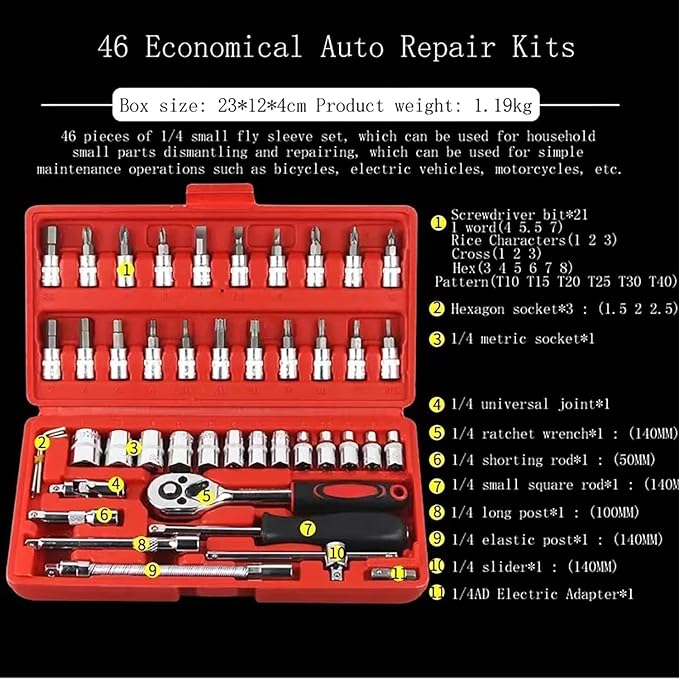 46 Pieces Tool Kit Car Heavy Duty 1/4" Combinational Ratchet Socket Wrench Spanner 46 Pieces Chrome Vanadium Hand Tool Kit Set For Repairing Work, DIY, Auto Repairs Car & Bike (SZ-663)