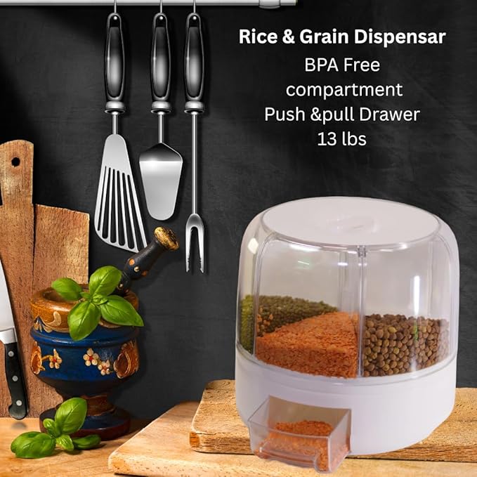 Tray Automatic Plastic 360 Degree Rotation Cereal Dry Food Rice Grain Storage Dispenser Box, with Measuring Cup, 5 kg