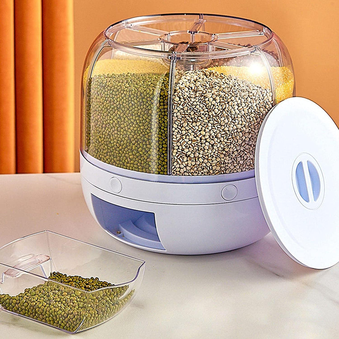 Tray Automatic Plastic 360 Degree Rotation Cereal Dry Food Rice Grain Storage Dispenser Box, with Measuring Cup, 5 kg