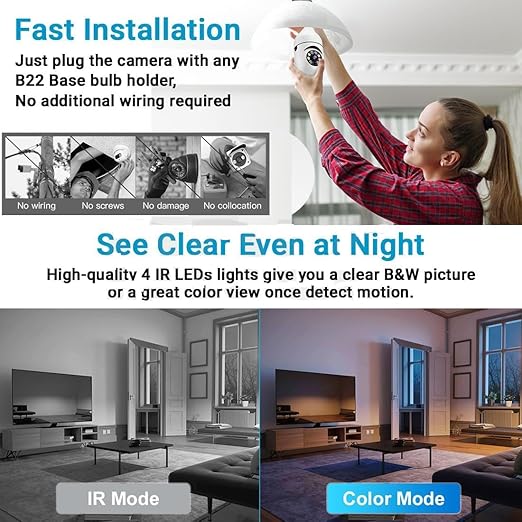 Wi-Fi Camera CCTV Camera 1080p Wireless PTZ Bulb Shape V380 Pro | Indoor 360° Smart Home Security Camera Light Vision 24x7 Continuous Recording with Motion Sensor LED Lights (Light Bulb)