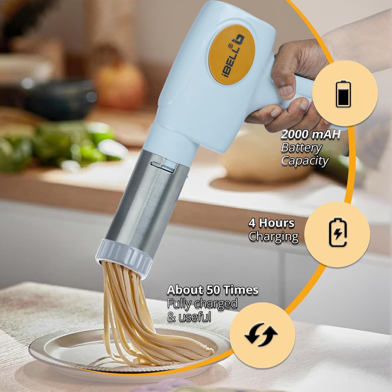 iBELL Electric Noodle Maker, Idiyappam Maker, 5 molds,2000 mAH, 50 Times,Cordless Spaghetti and Pasta Maker