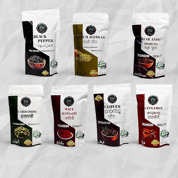 Zahrain Mart Organic Spice Combo Pack – Cinnamon, Star Anise, Mace, Cloves, Jeerakam, Cardamom & Black Pepper (7 x 100g) | Premium Kerala Spices | 100% Pure Natural Aromatic Whole Spices | FSSAI Certified