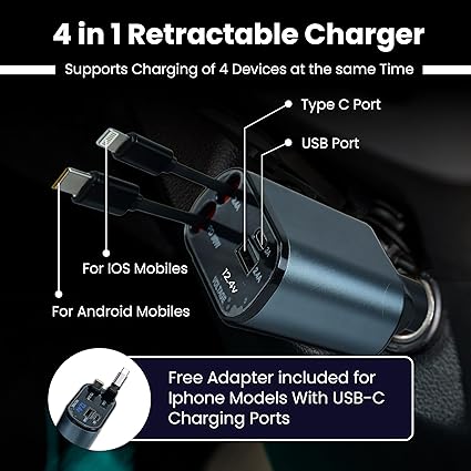 120W Retractable Car Charger Fast Charging 4 in 1 Car Mobile Charger Adapter with Retractable Cables (80cm) and 2 USB Ports Car Fast Charger for iPad, iPhones/Galaxy Other Android Phones