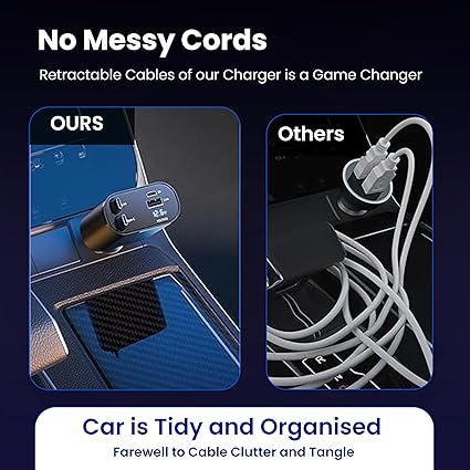 120W Retractable Car Charger Fast Charging 4 in 1 Car Mobile Charger Adapter with Retractable Cables (80cm) and 2 USB Ports Car Fast Charger for iPad, iPhones/Galaxy Other Android Phones