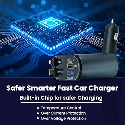 120W Retractable Car Charger Fast Charging 4 in 1 Car Mobile Charger Adapter with Retractable Cables (80cm) and 2 USB Ports Car Fast Charger for iPad, iPhones/Galaxy Other Android Phones