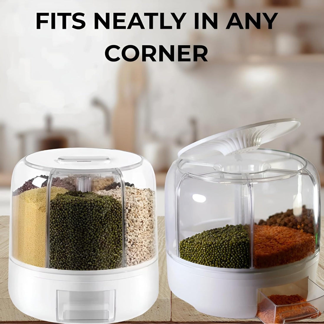 Tray Automatic Plastic 360 Degree Rotation Cereal Dry Food Rice Grain Storage Dispenser Box, with Measuring Cup, 5 kg