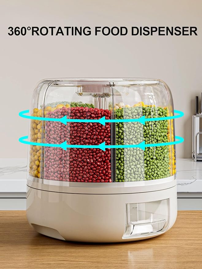 Tray Automatic Plastic 360 Degree Rotation Cereal Dry Food Rice Grain Storage Dispenser Box, with Measuring Cup, 5 kg