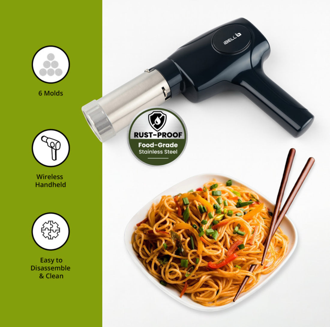 iBELL Electric Noodle Maker, Idiyappam Maker, 6 molds,2000 mAH, 50 Times,Cordless Spaghetti and Pasta Maker