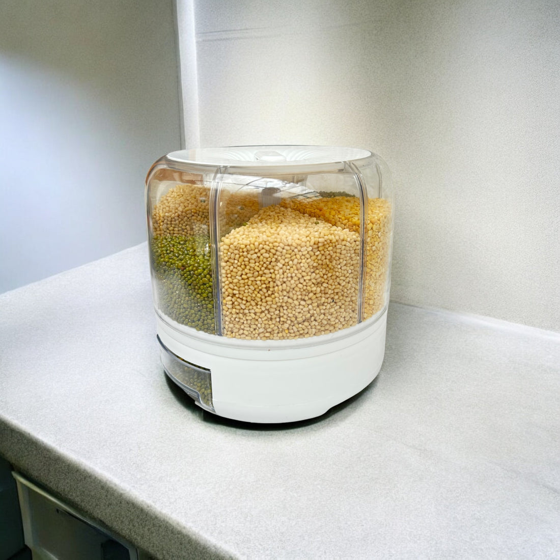 Tray Automatic Plastic 360 Degree Rotation Cereal Dry Food Rice Grain Storage Dispenser Box, with Measuring Cup, 5 kg