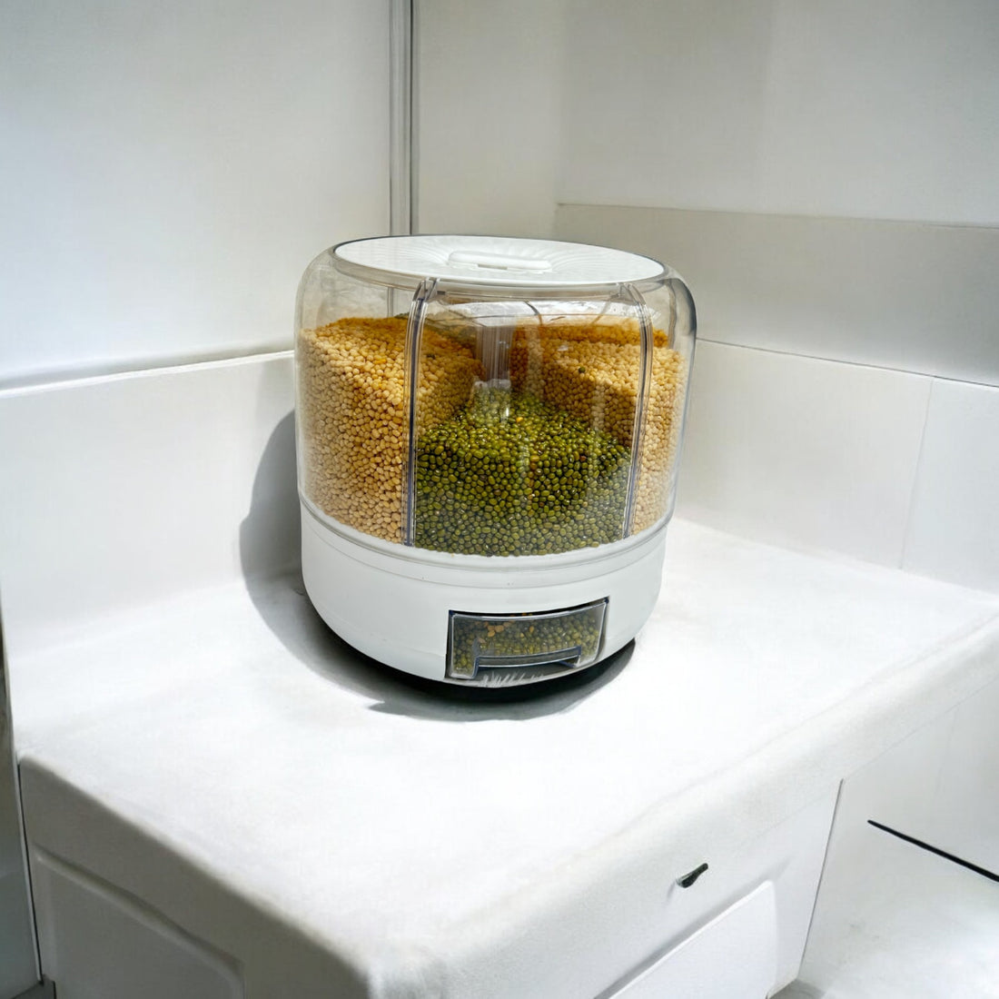 Tray Automatic Plastic 360 Degree Rotation Cereal Dry Food Rice Grain Storage Dispenser Box, with Measuring Cup, 5 kg