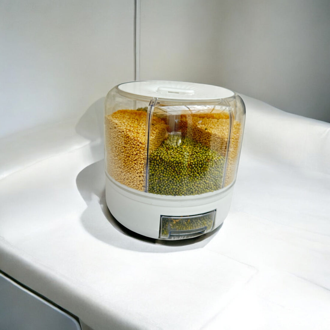Tray Automatic Plastic 360 Degree Rotation Cereal Dry Food Rice Grain Storage Dispenser Box, with Measuring Cup, 5 kg