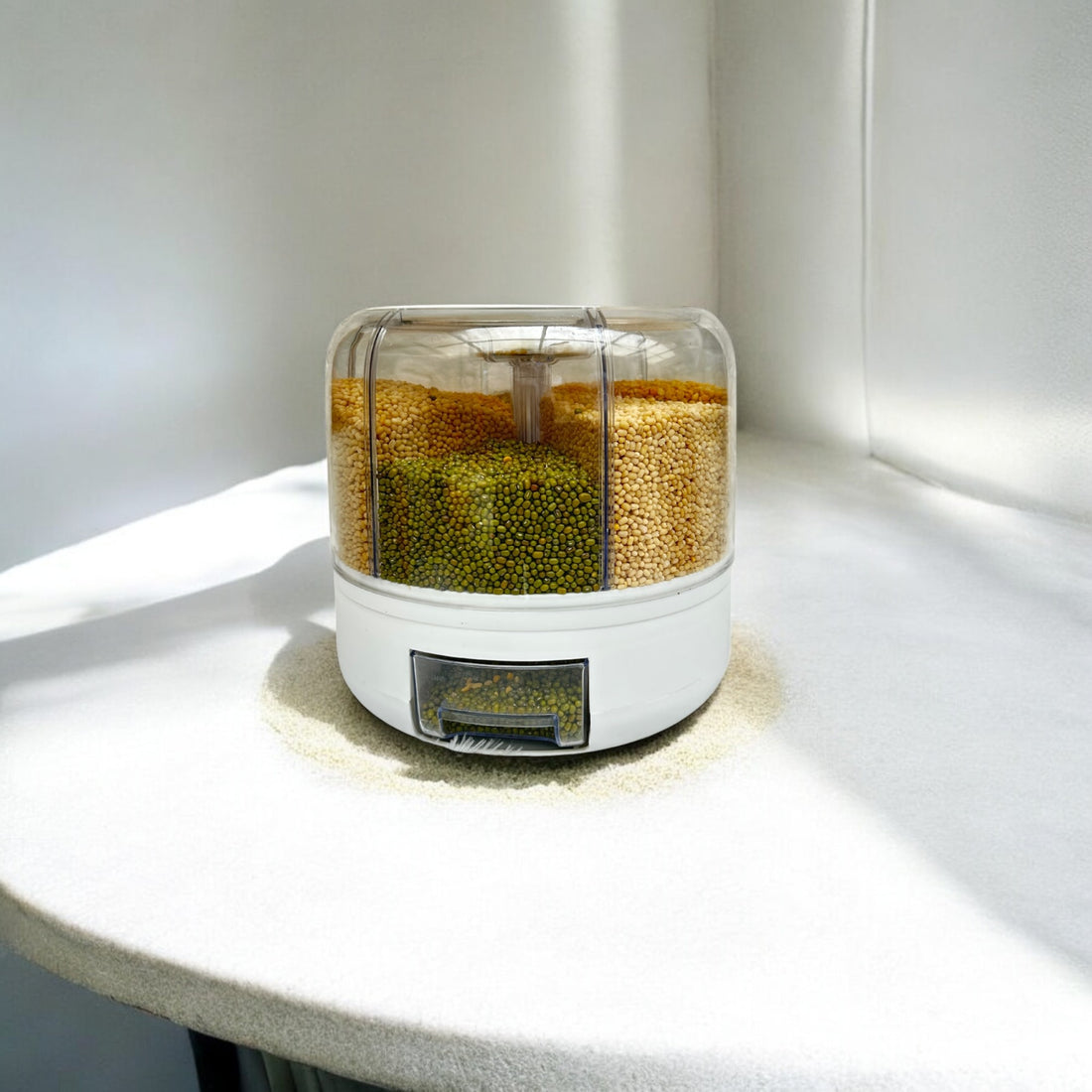 Tray Automatic Plastic 360 Degree Rotation Cereal Dry Food Rice Grain Storage Dispenser Box, with Measuring Cup, 5 kg
