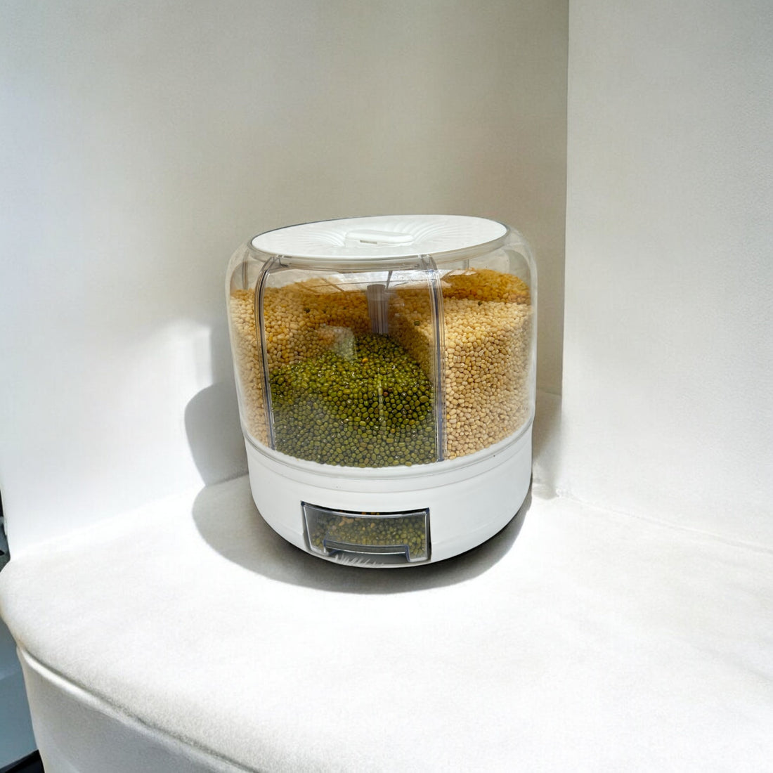 Tray Automatic Plastic 360 Degree Rotation Cereal Dry Food Rice Grain Storage Dispenser Box, with Measuring Cup, 5 kg