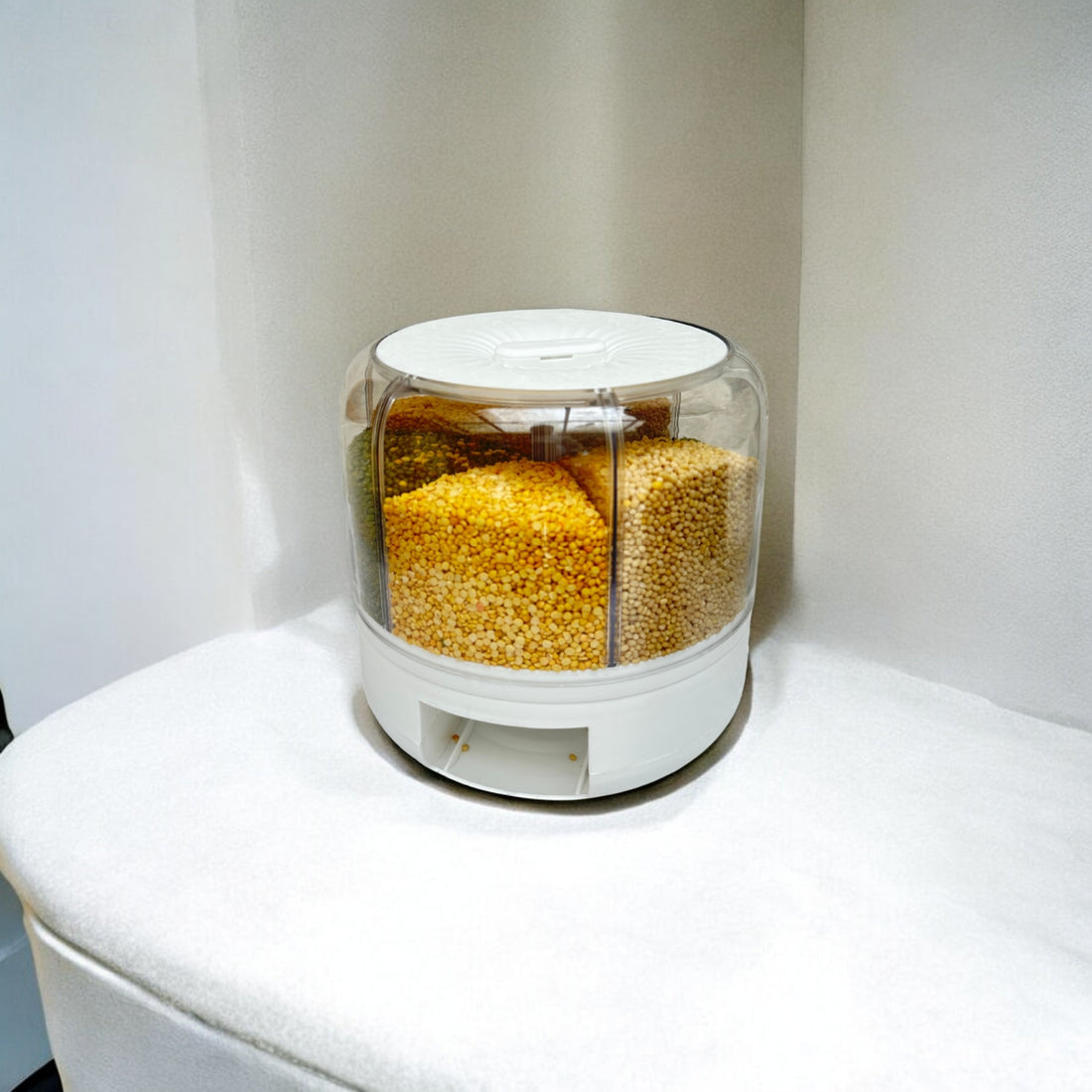 Tray Automatic Plastic 360 Degree Rotation Cereal Dry Food Rice Grain Storage Dispenser Box, with Measuring Cup, 5 kg