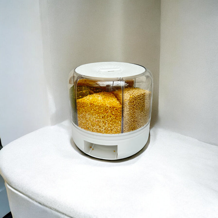 Tray Automatic Plastic 360 Degree Rotation Cereal Dry Food Rice Grain Storage Dispenser Box, with Measuring Cup, 5 kg