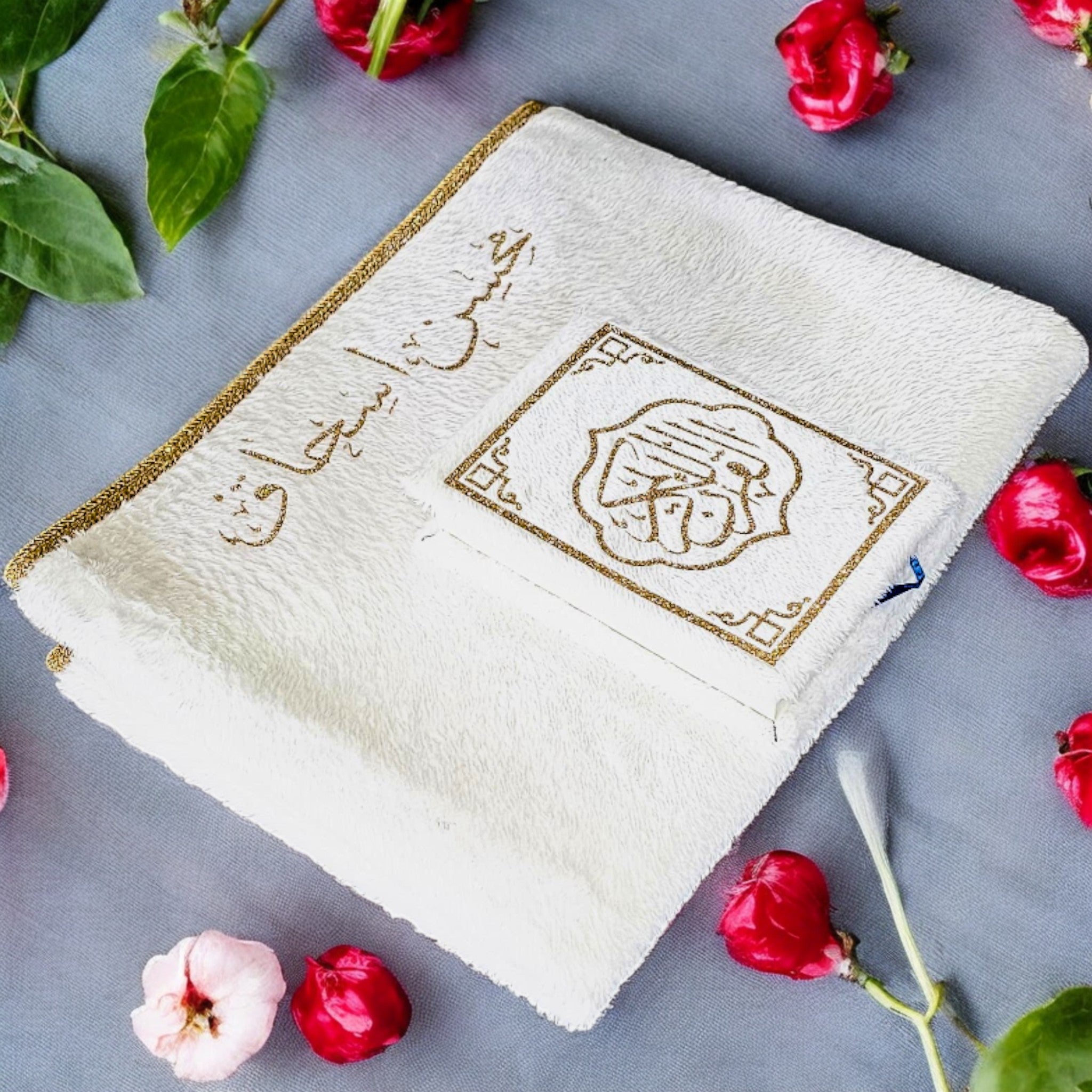 Luxurious OffWhite Silk Velvet Prayer Mat & Quran Combo With Name