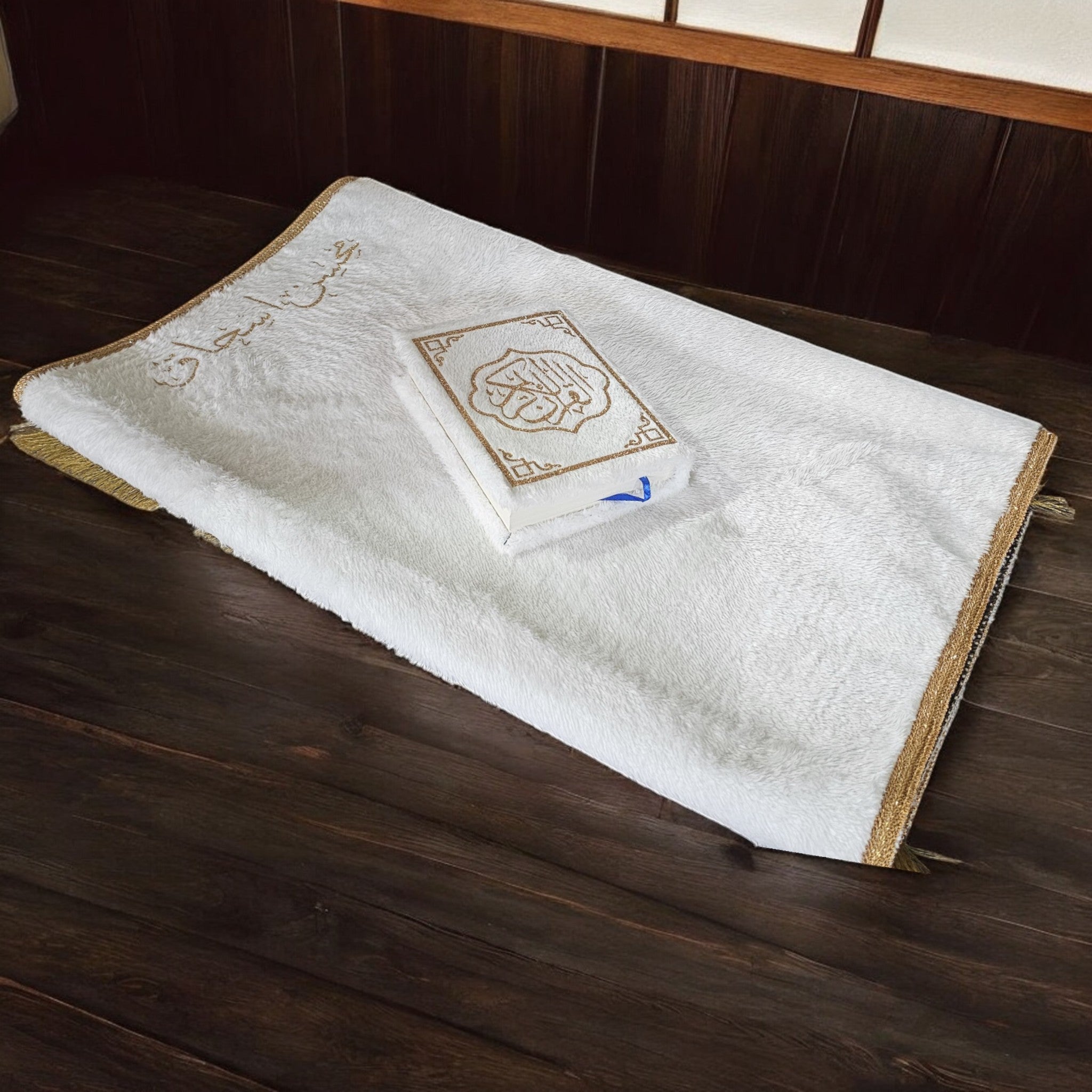 Luxurious OffWhite Silk Velvet Prayer Mat & Quran Combo With Name