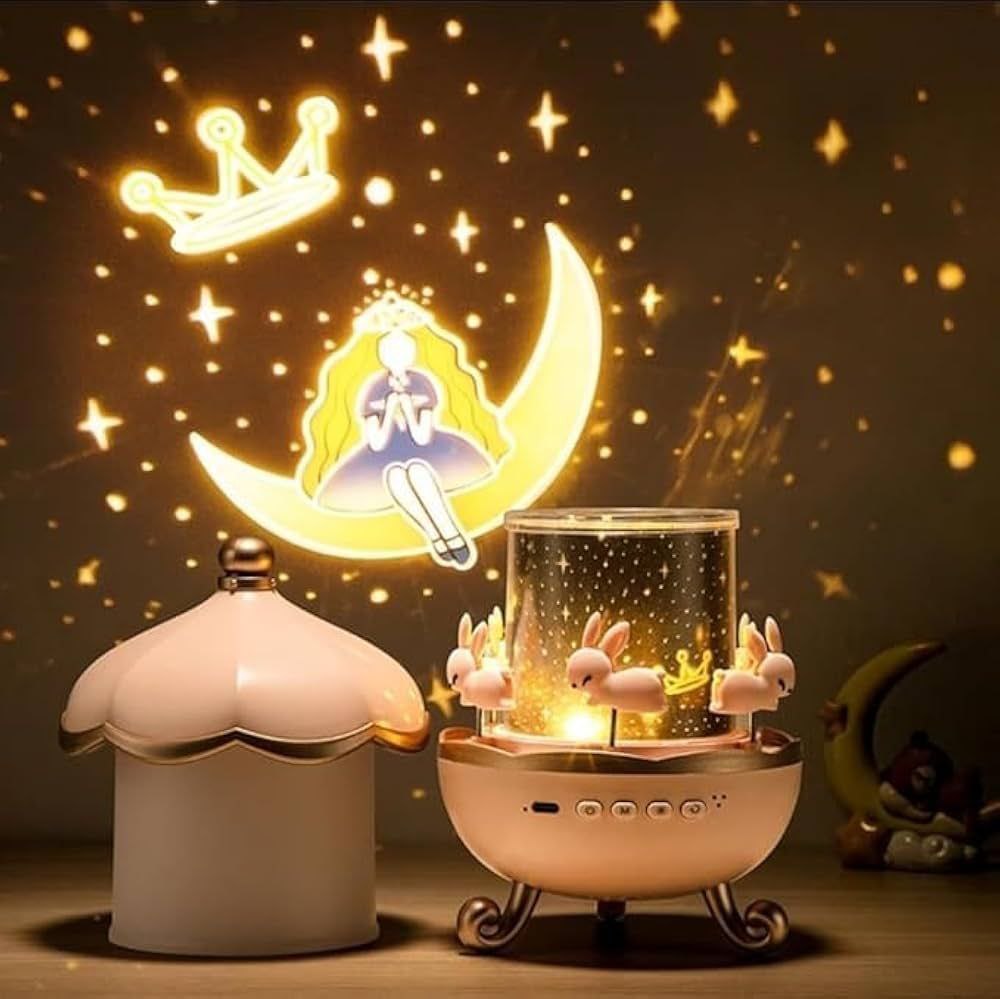 Rotating Rabbits Night Light Star Projector | Bluetooth Music Lamp for Kids Room, Birthday & Christmas Gifts