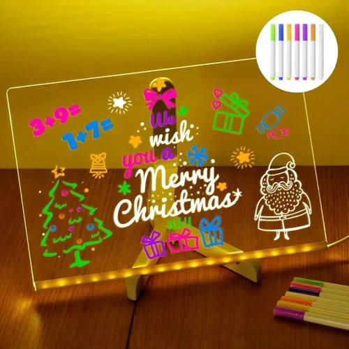 LED Message Board 15x15 cm | 3D Acrylic Rewritable Writing Pad with 7 Pens & Light | Personalized DIY LED Night Display for Home & Gifts