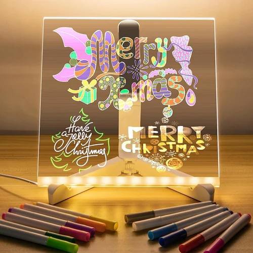 LED Message Board 15x15 cm | 3D Acrylic Rewritable Writing Pad with 7 Pens & Light | Personalized DIY LED Night Display for Home & Gifts