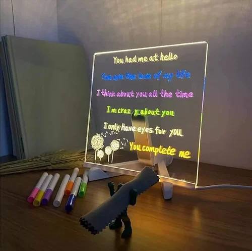 LED Message Board 15x15 cm | 3D Acrylic Rewritable Writing Pad with 7 Pens & Light | Personalized DIY LED Night Display for Home & Gifts