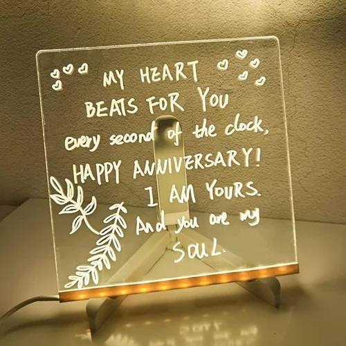 LED Message Board 15x15 cm | 3D Acrylic Rewritable Writing Pad with 7 Pens & Light | Personalized DIY LED Night Display for Home & Gifts