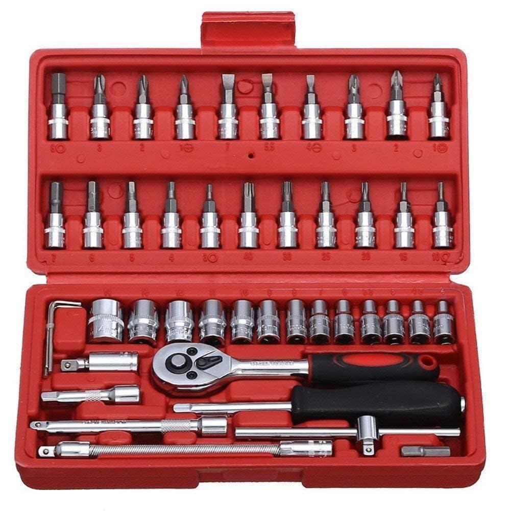 46 Pieces Tool Kit Car Heavy Duty 1/4" Combinational Ratchet Socket Wrench Spanner 46 Pieces Chrome Vanadium Hand Tool Kit Set For Repairing Work, DIY, Auto Repairs Car & Bike (SZ-663)